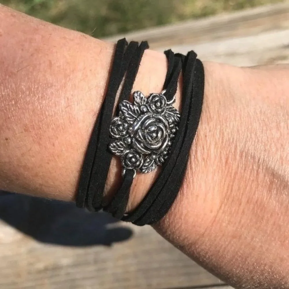 Tie Wrap Floral Rose Silver Bracelet Cuff Yoga Boho Biker Vegan Faux Leather - Picture 7 of 11